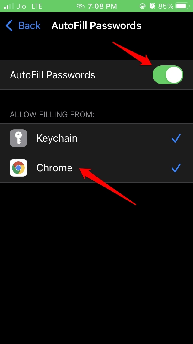 iOS включает автозаполнение паролей для Chrome