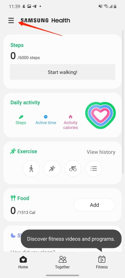 Основная панель Samsung Health