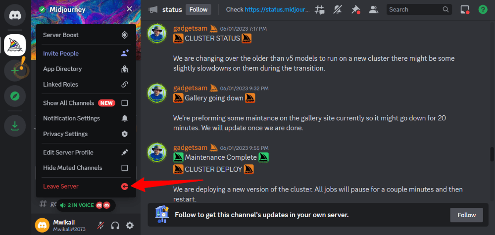 Покинуть сервер Midjourney