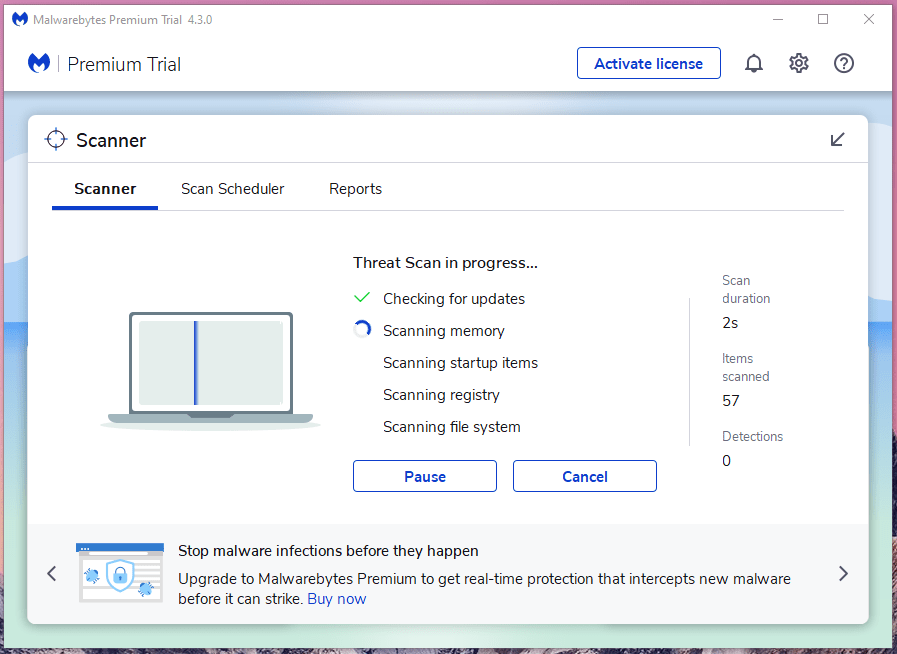 Позвольте Malwarebytes Premium (TRIAL) просканировать компьютер