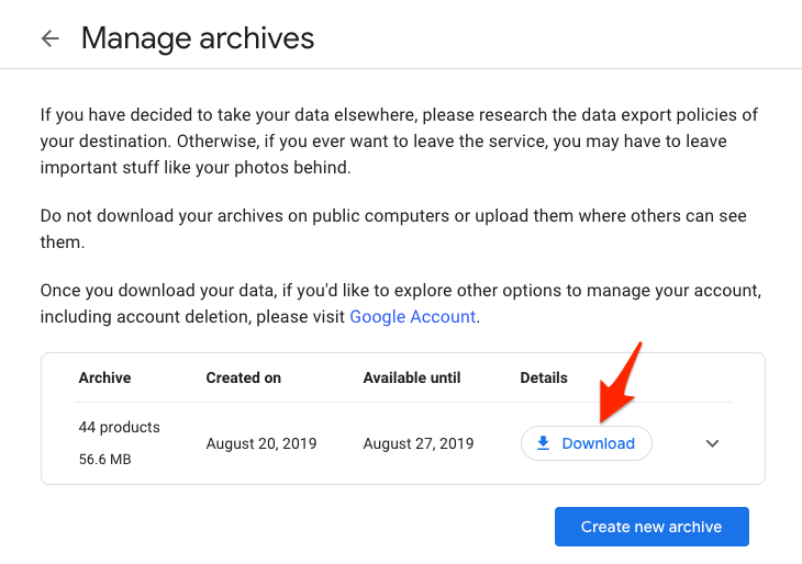 Управление архивами Google Takeout Скачать