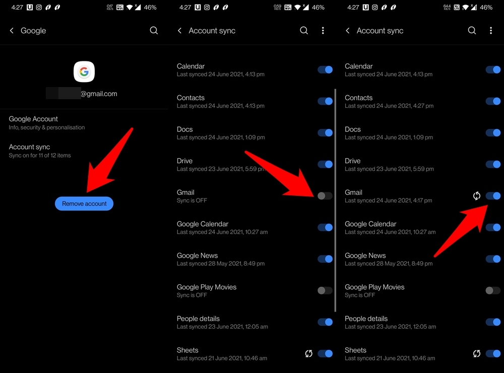 вручную синхронизировать Gmail на Android