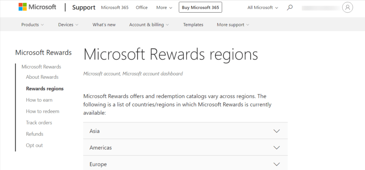 Регион Microsoft Rewards