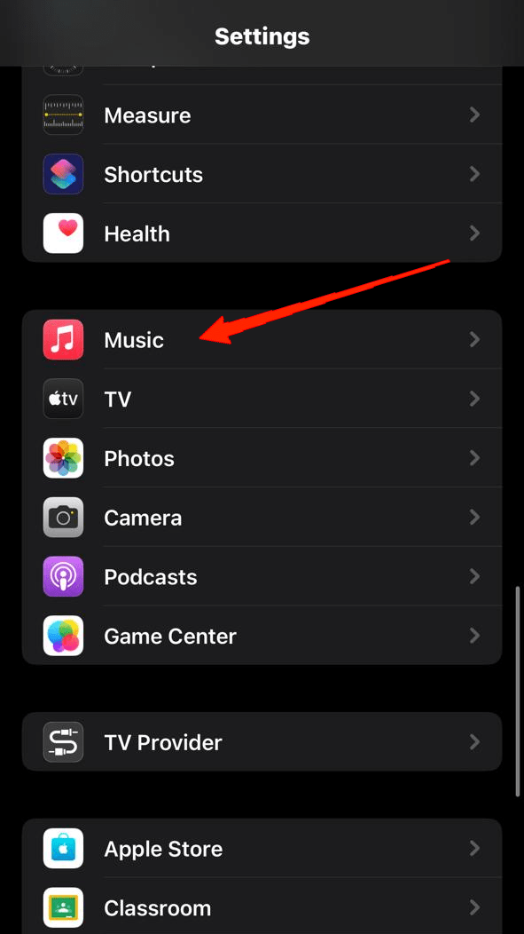 Теперь прокрутите вниз и нажмите «Музыка».