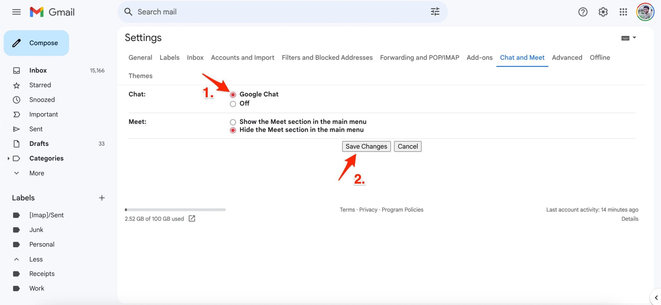Чтобы включить или отключить чат в Gmail, рядом с надписью 
