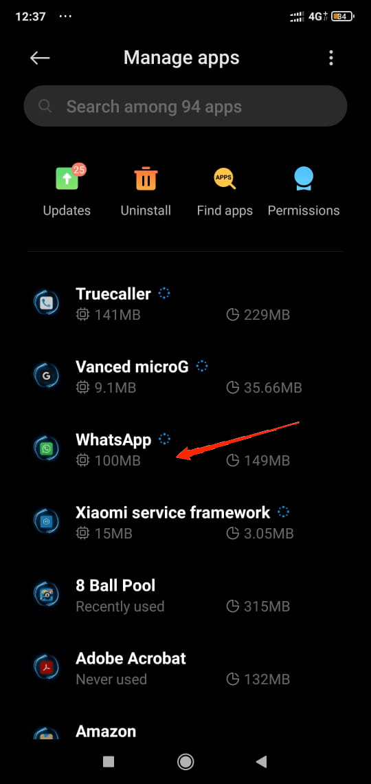 Теперь найдите WhatsApp и нажмите на него.