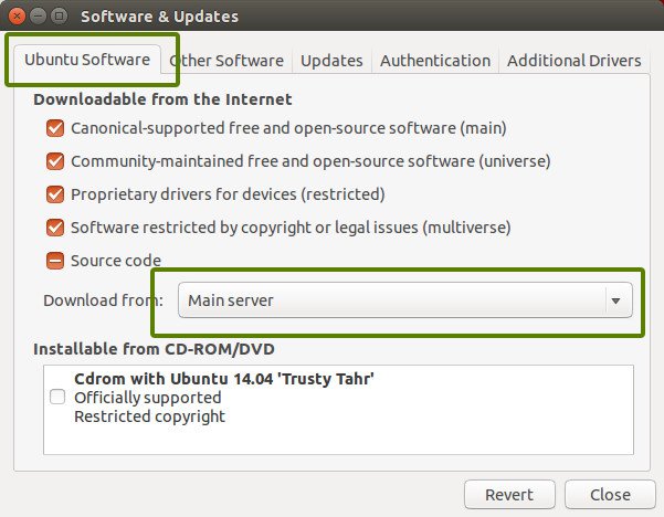 откройте «Программное обеспечение и обновления» и выберите «Основной сервер» в раскрывающемся меню метки «Загрузить с».