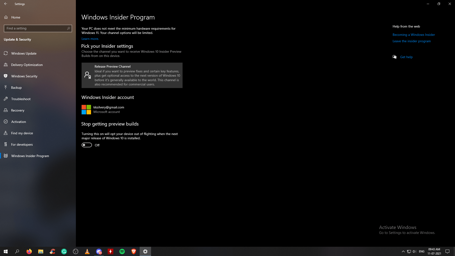 Откройте «Программу предварительной оценки Windows» и нажмите «Выпустить канал предварительного просмотра».