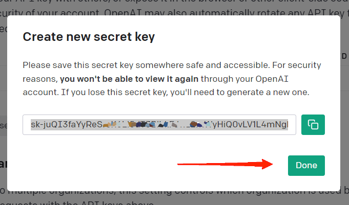 Как только ваш секретный ключ OpenAI будет создан, скопируйте и вставьте его в свои заметки для дальнейшего использования.