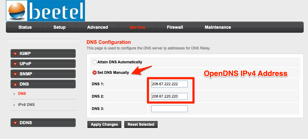 IPv4-адрес OpenDNS в настройках DNS сетевого маршрутизатора