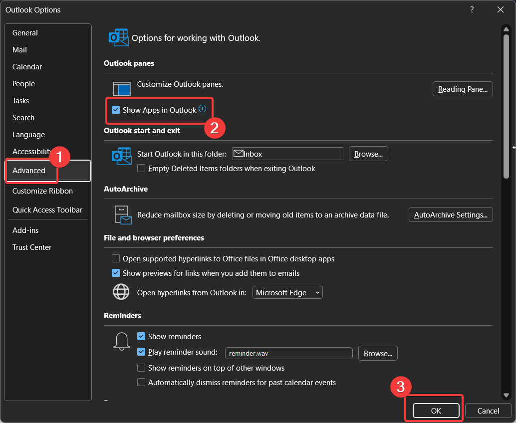 Метод настроек Outlook