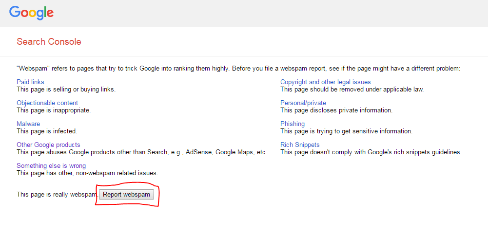 Сообщить о спаме в консоли веб-мастера Google