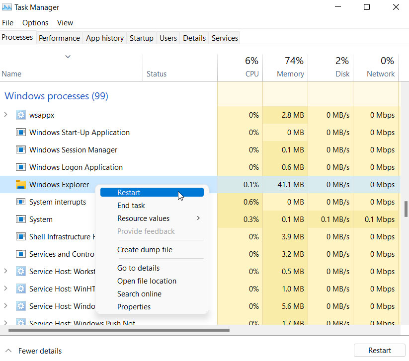 Перезапустите Проводник Windows.