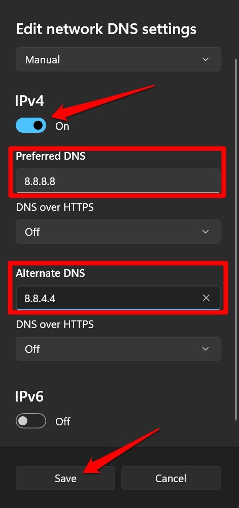 установите Google DNS в Windows 11