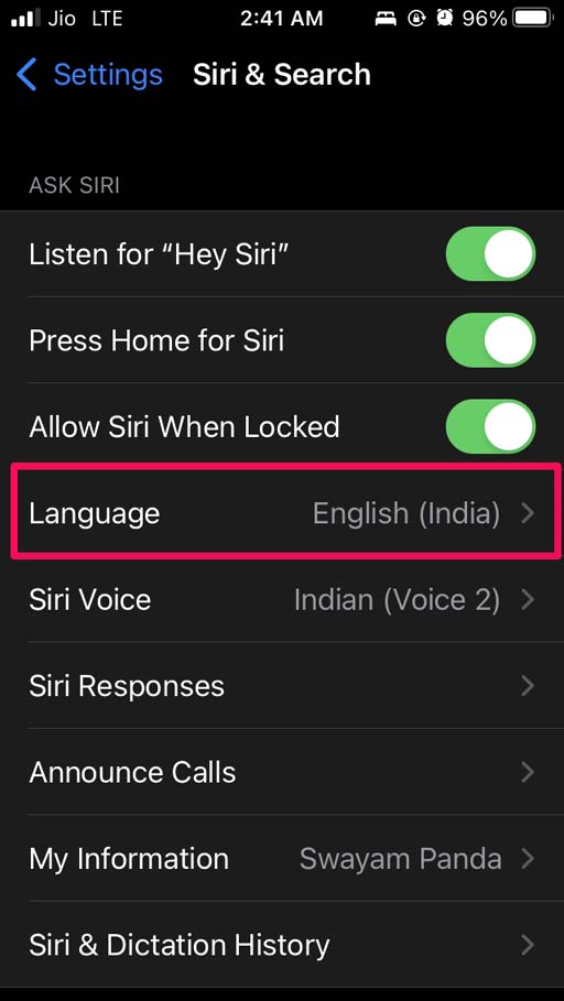 установить язык для Siri