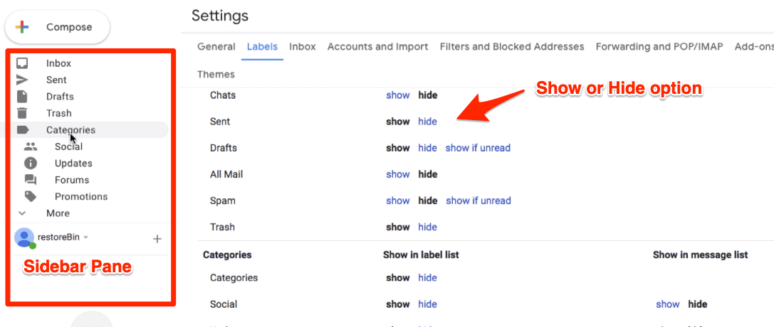 Показать или скрыть ярлыки и категории в Gmail