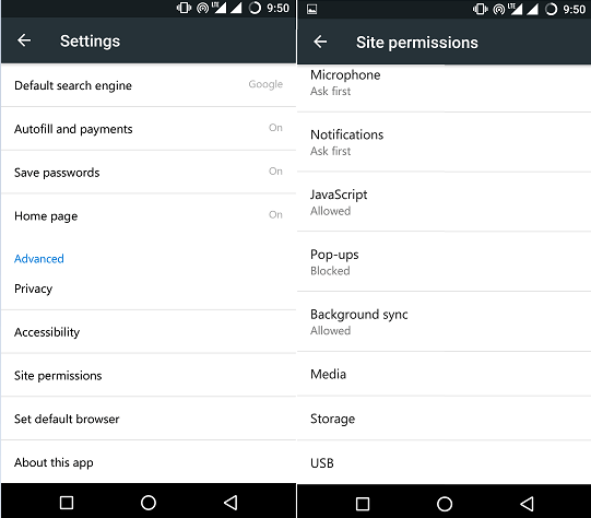 Настройки разрешений сайта в Edge для Android