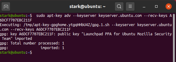 $ sudo apt-key adv --keyserver keyserver.ubuntu.com --recv-keys A6DCF7707EBC211F