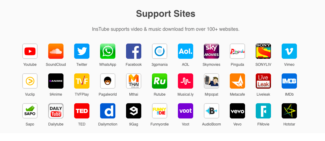Сайты, поддерживаемые InsTube