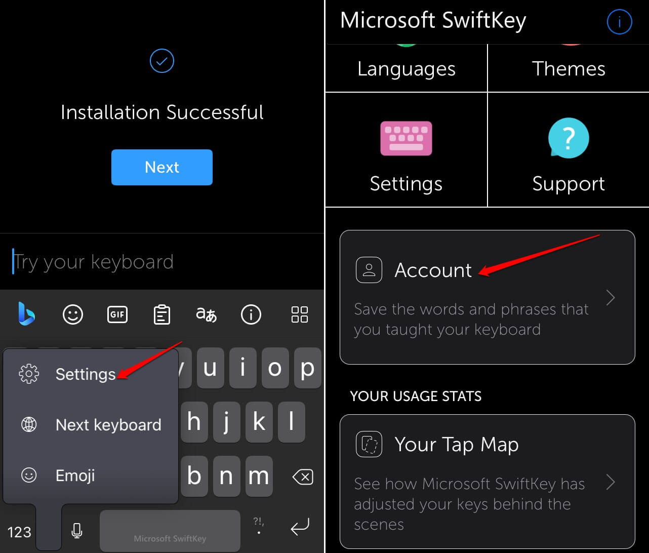 настройки учетной записи SwiftKey