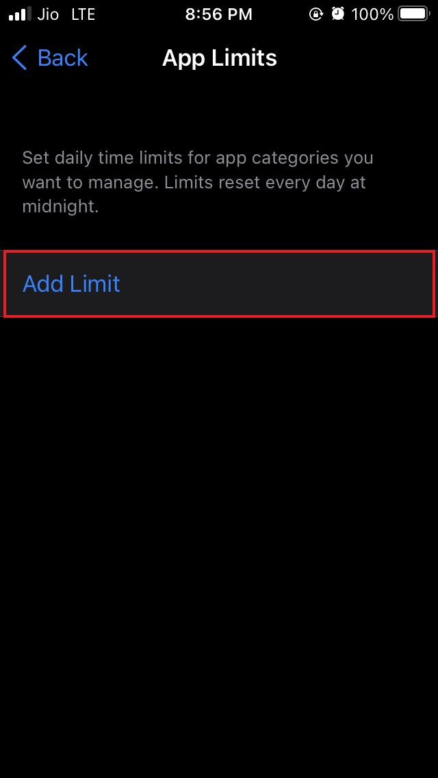 нажмите «Добавить лимит» в разделе «Лимиты приложений».