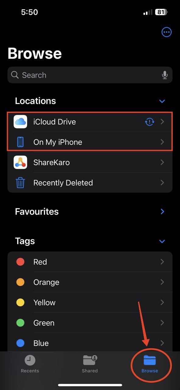 нажмите iCloud Drive или «На моем iPhone».