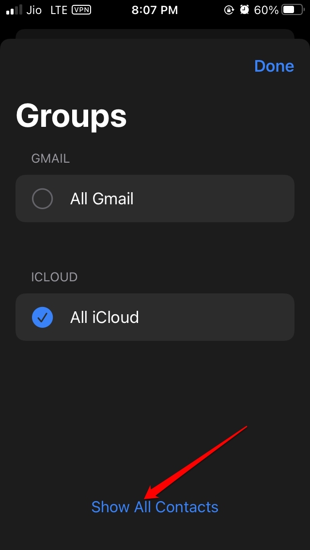 нажмите «Показать все контакты»