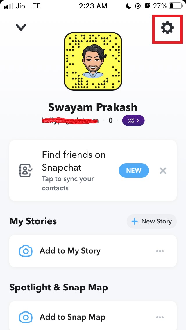 коснитесь значка шестеренки, чтобы открыть настройки Snapchat