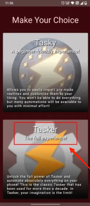 нажмите «Tasker The Full Experience» и продолжайте.