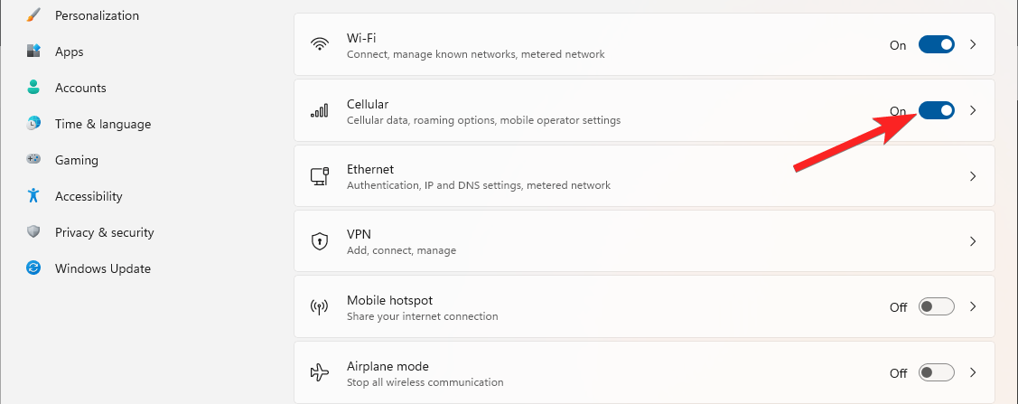 Включите опцию «Сотовая связь» в Windows 11.
