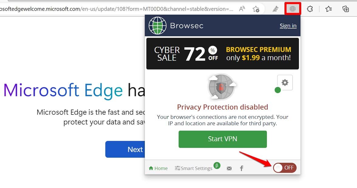 отключить VPN в браузере Edge