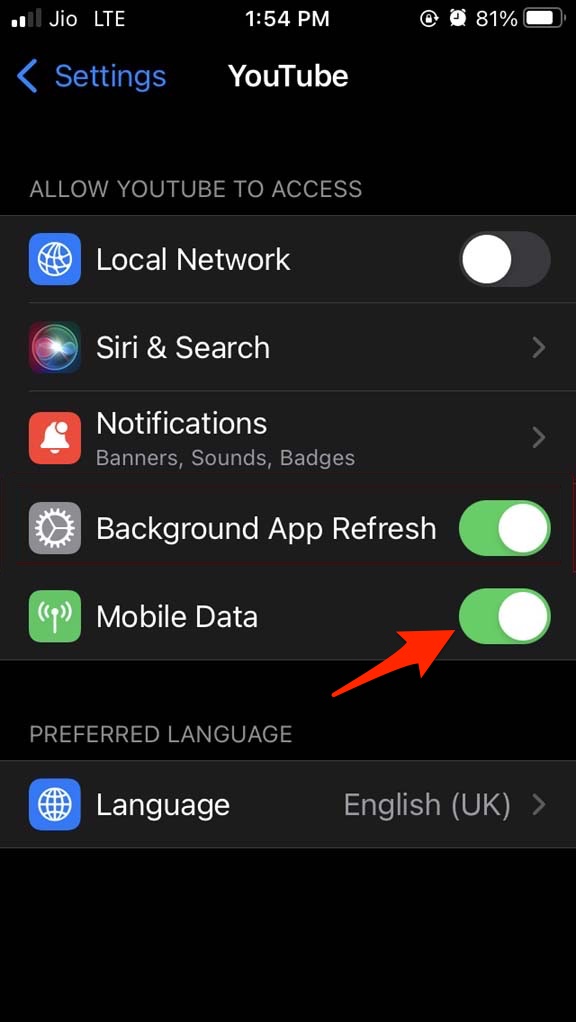 ВКЛЮЧИТЕ доступ к мобильным данным в приложении YouTube