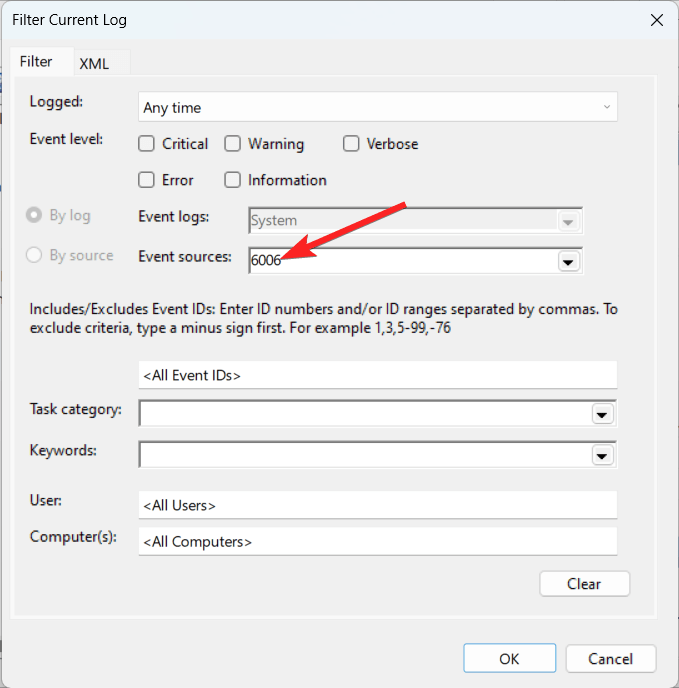 Введите 6006 в поле Источники событий.