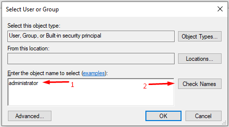 Введите «администратор», а затем нажмите «Проверить имена», чтобы добавить учетную запись администратора.