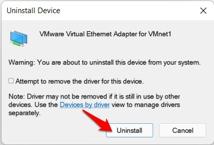 удаление драйверов Ethernet с подтверждением Windows 11