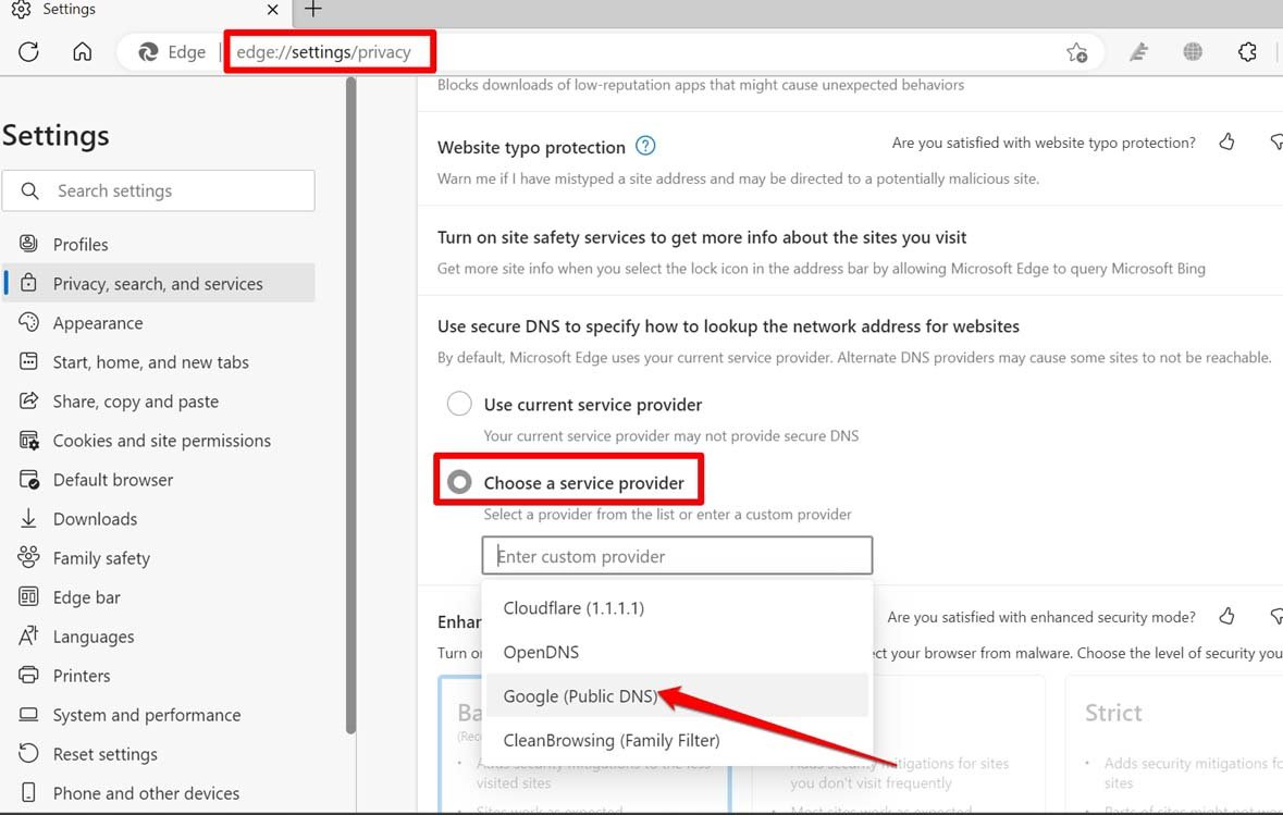 используйте Google DNS в браузере Edge