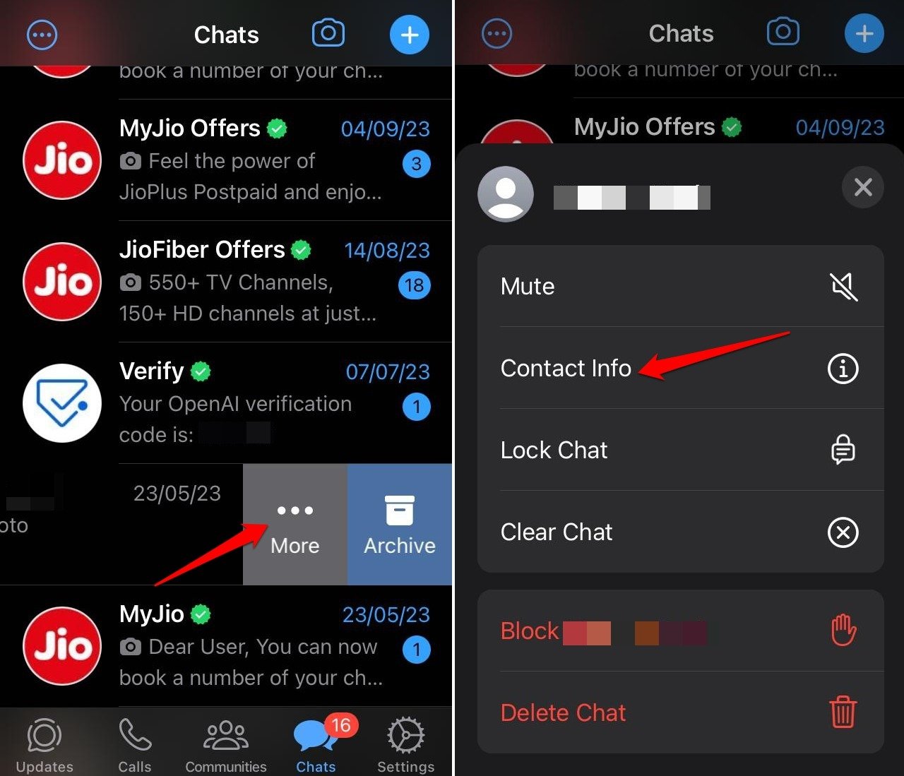 Контактная информация WhatsApp iOS