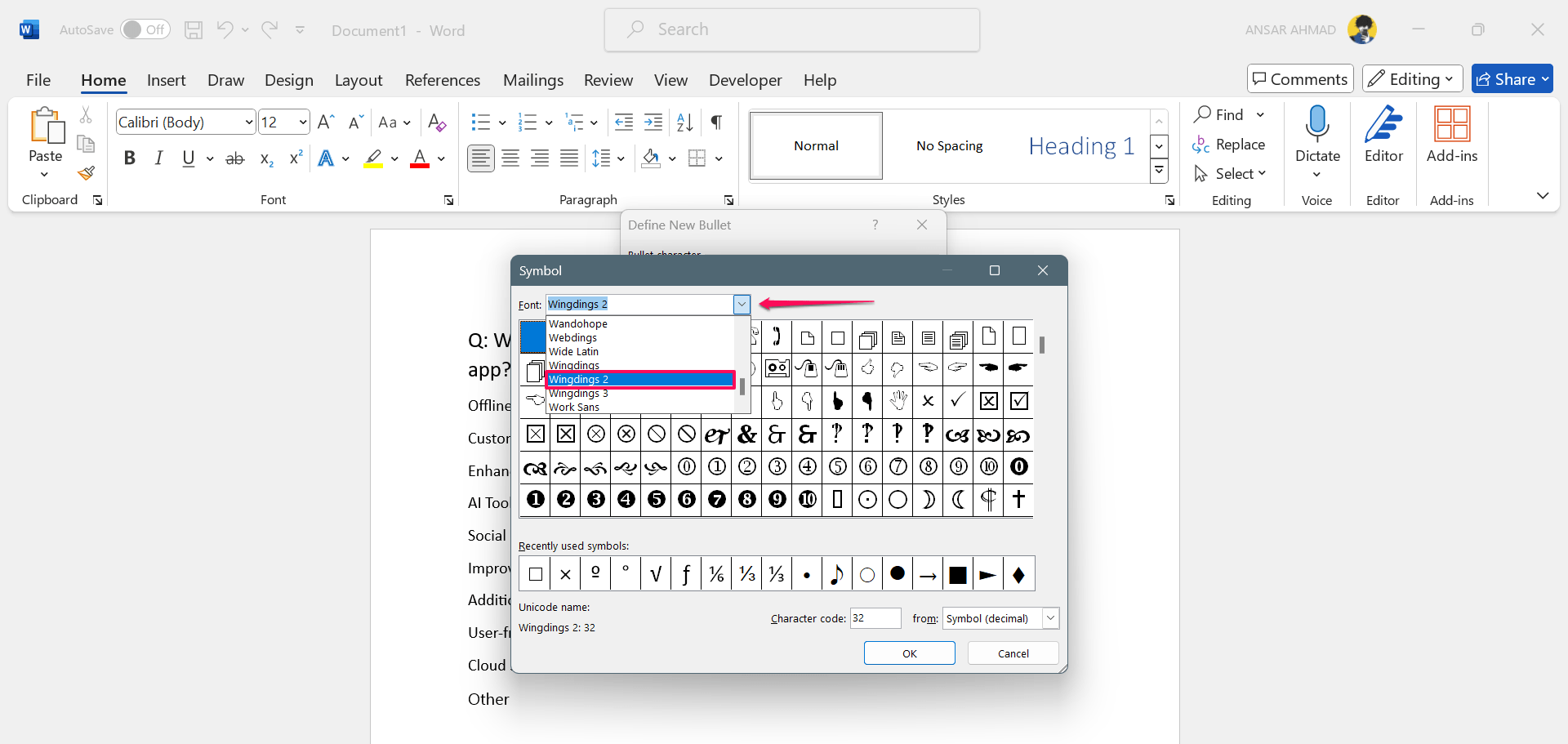 Выберите шрифты Wingdings 2 из списков.