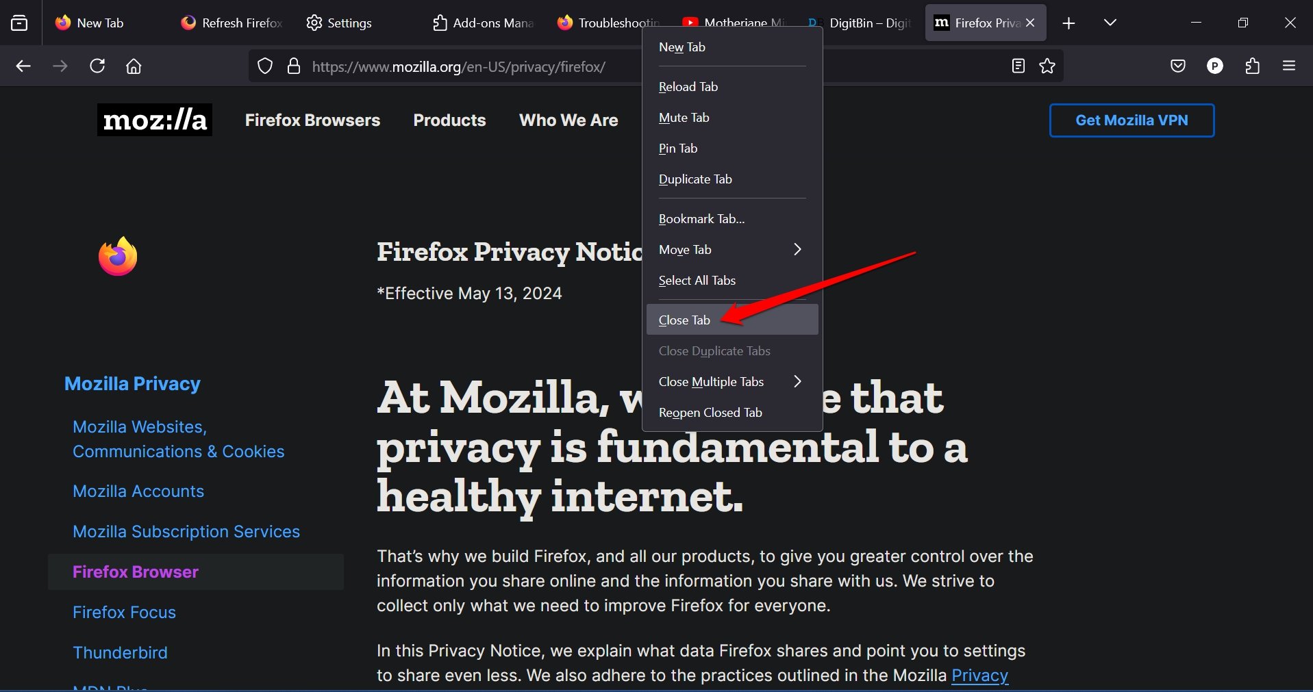 закрыть вкладку браузера в Firefox на ПК