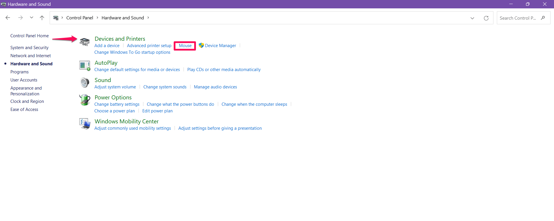 Нажмите «Мышь» в разделе «Устройство и принтер».