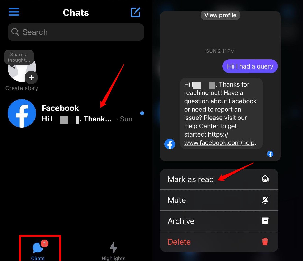 как просмотреть непрочитанные сообщения в Messenger iOS