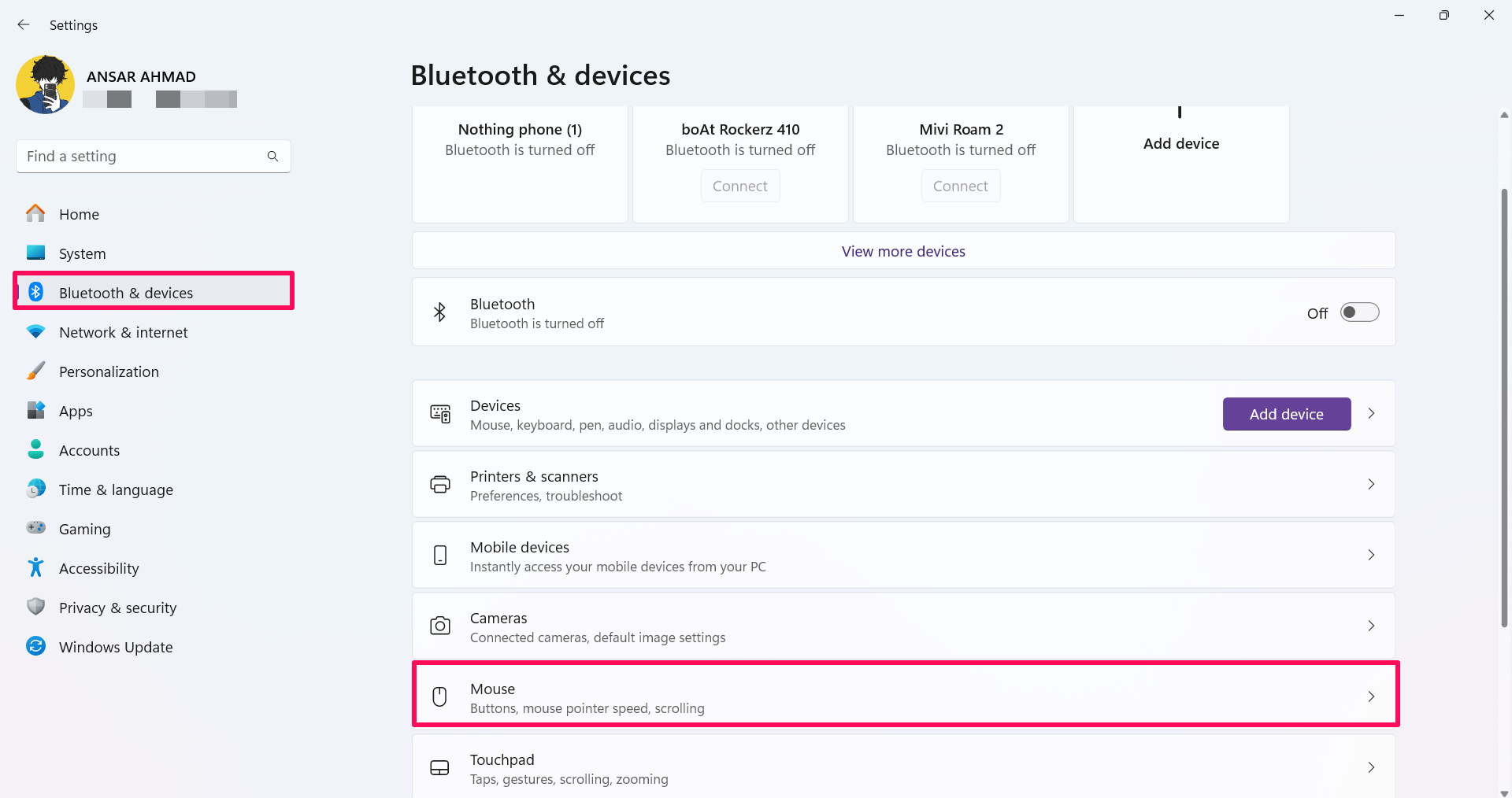 Нажмите «Bluetooth и устройства» и выберите «Мышь».