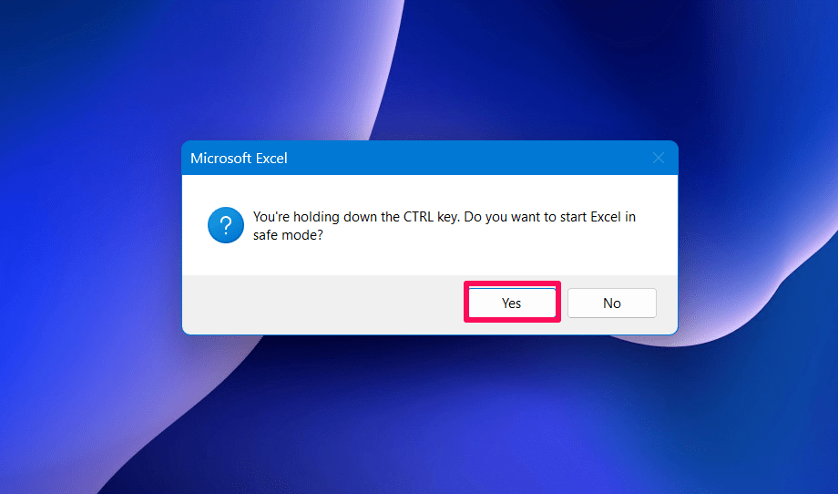 Нажмите «Да», чтобы запустить Excel в безопасном режиме.