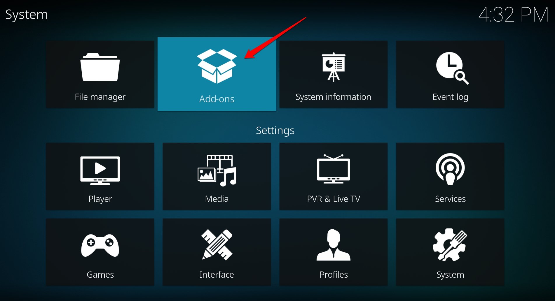 получить доступ к дополнениям в Kodi