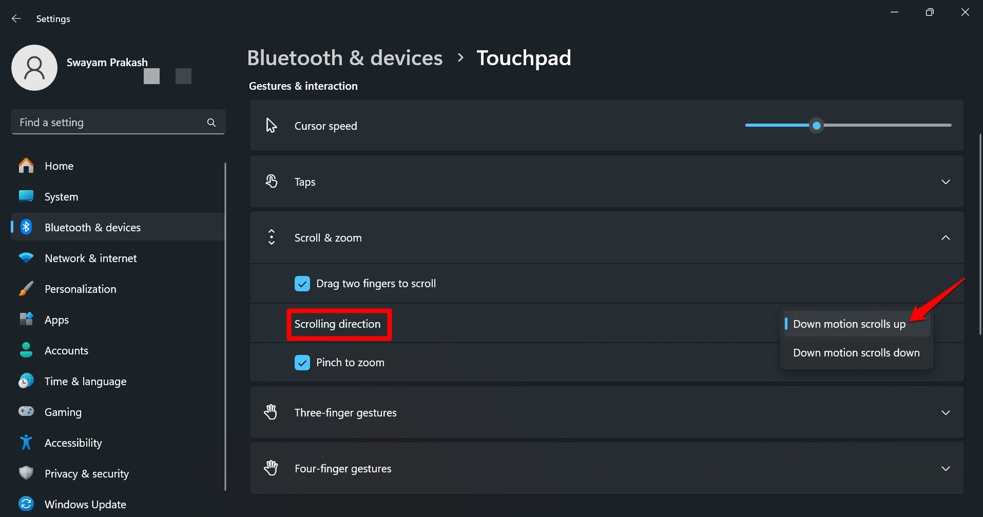 как изменить направление прокрутки трекпада в Windows 11