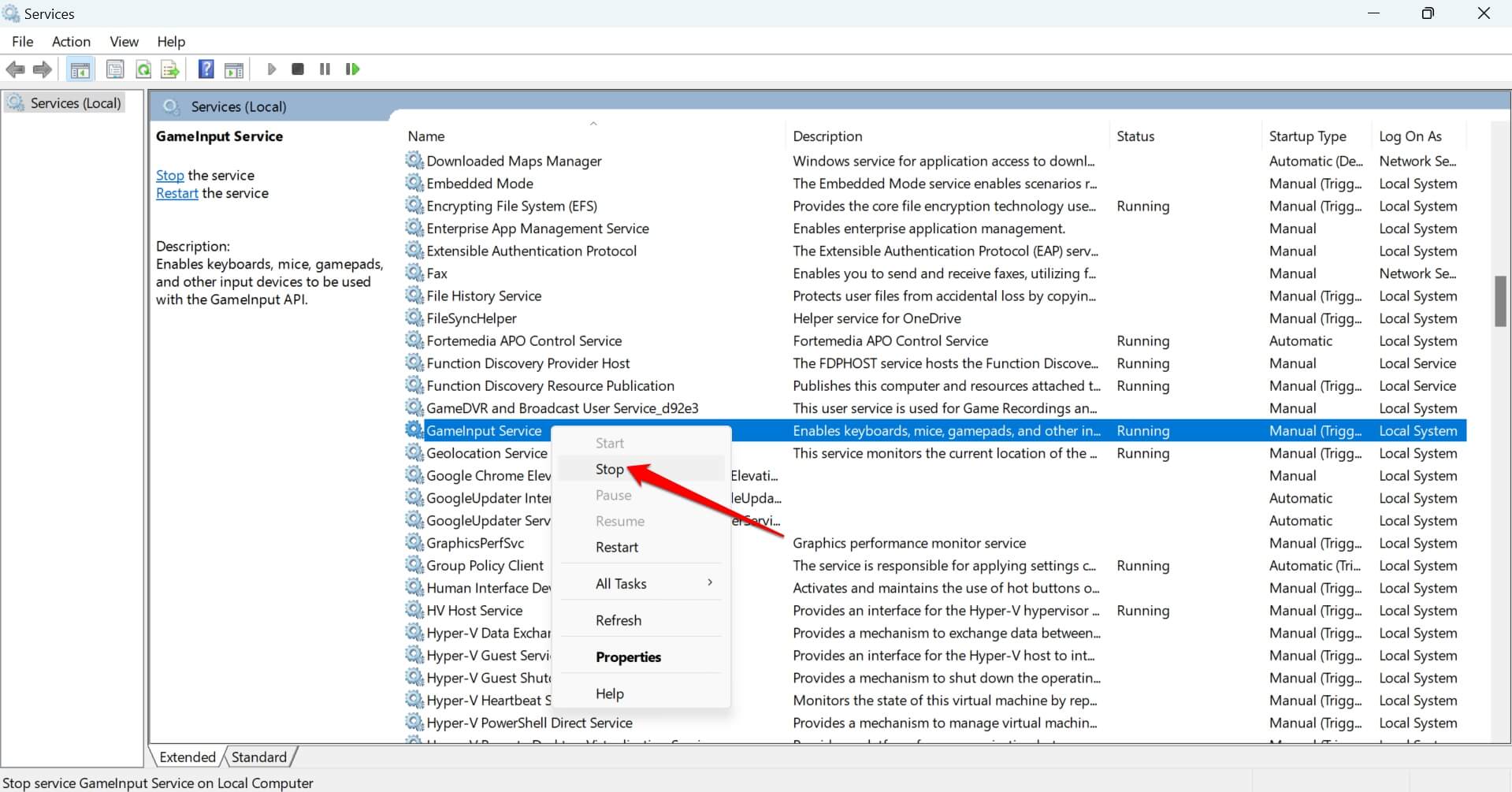 остановить службу GameInput в Windows 11
