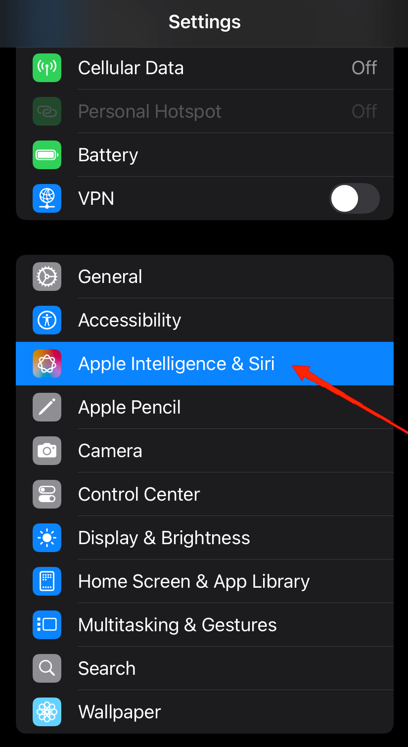 Прокрутите вниз и нажмите Apple Intelligence.