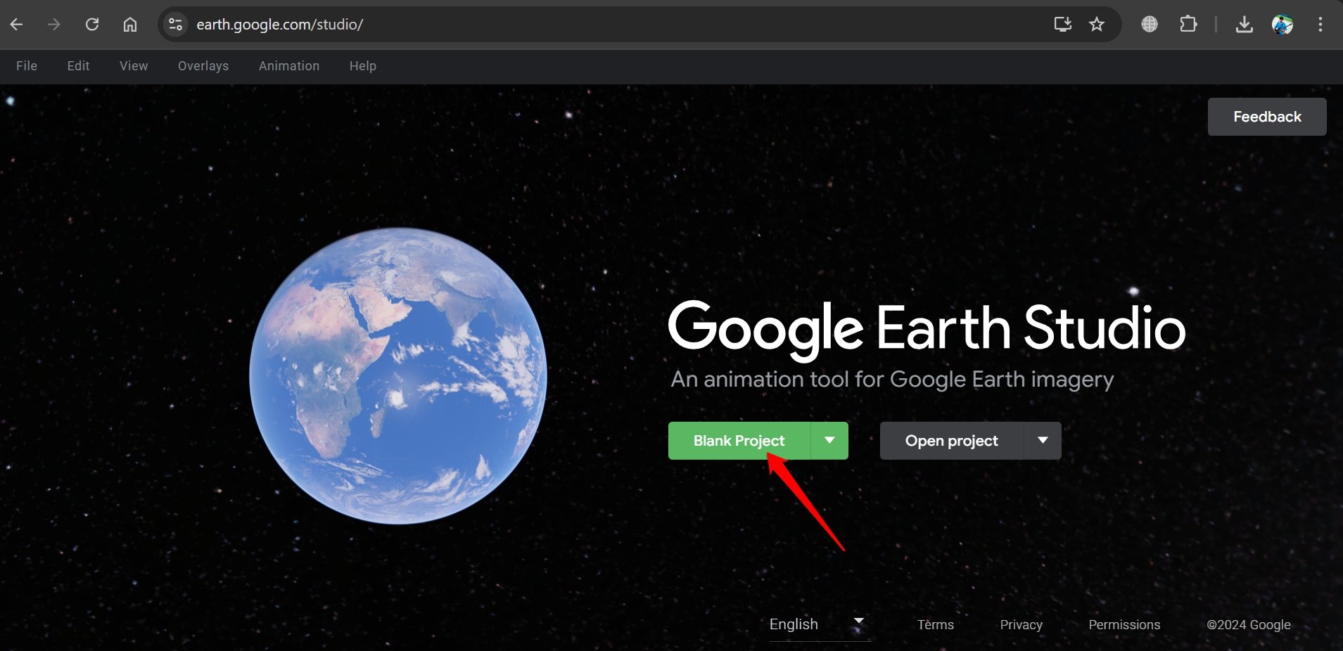 открыть новый проект в Google Earth Studio