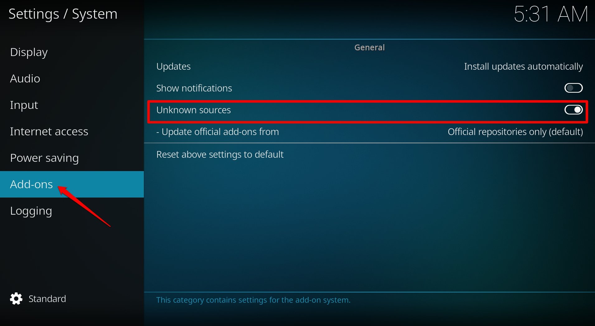 Разрешить установку аддона Kodi из неизвестных источников