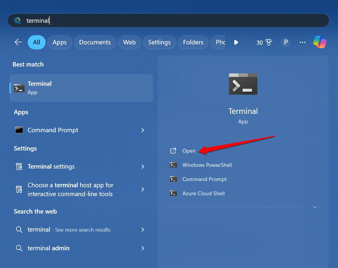 Запуск терминала на Windows 11